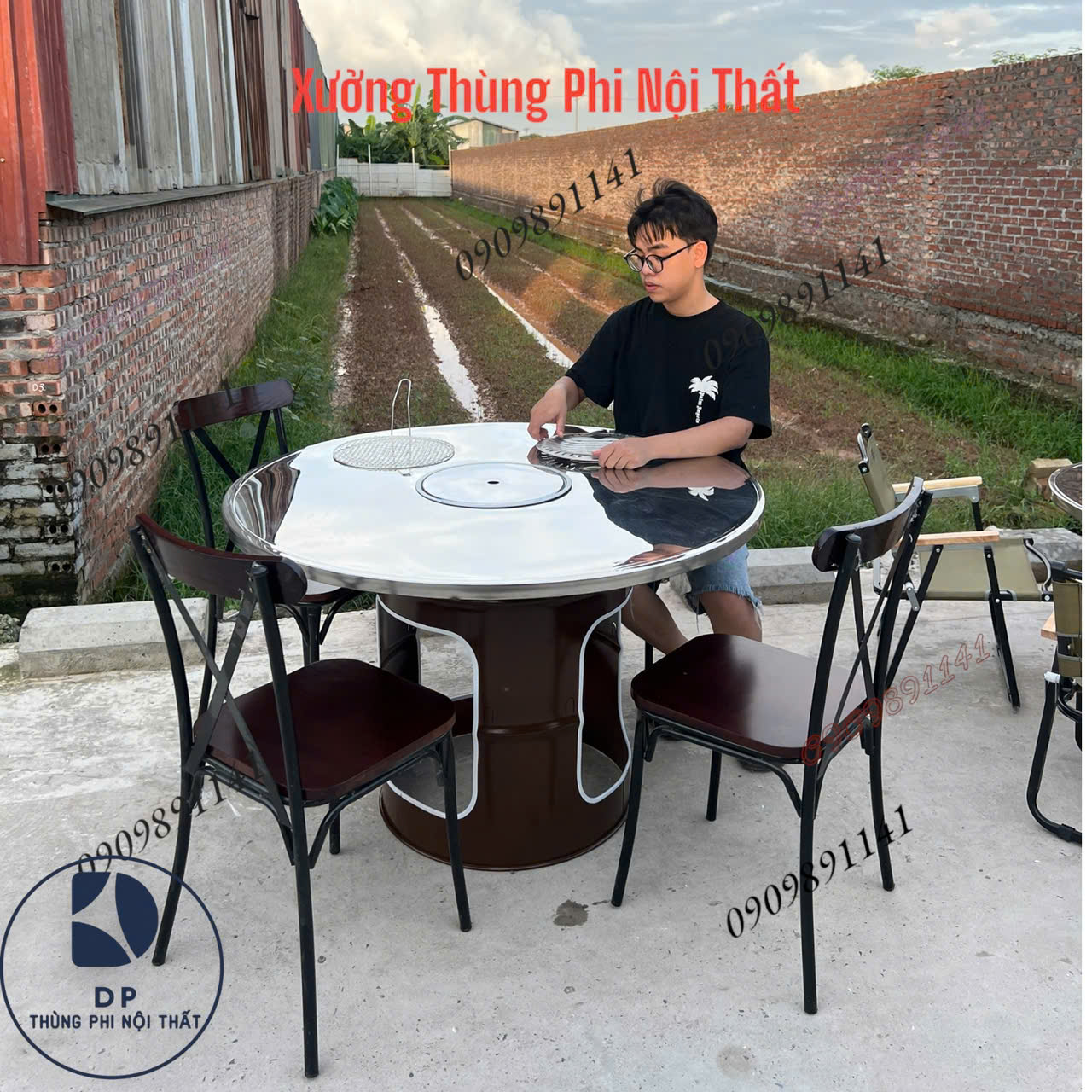 Bàn nướng mặt inox chân thùng phi cho quán nướng vỉa hè