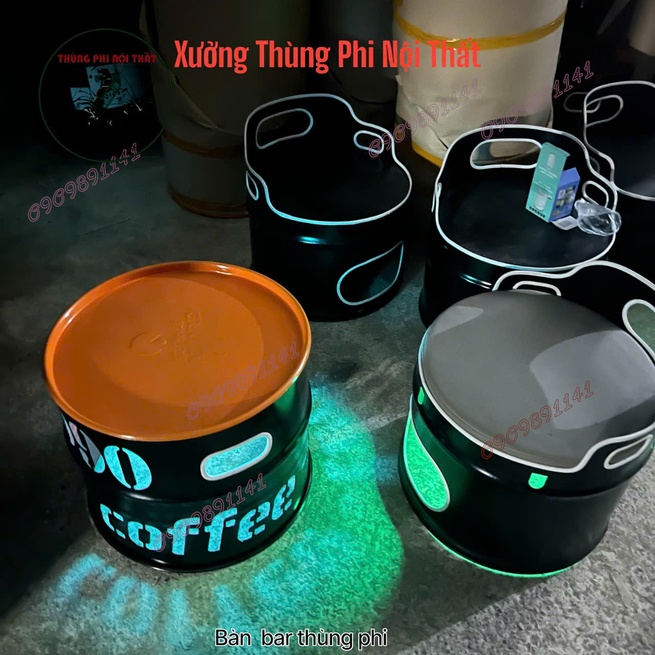 Bàn ghế thùng phi có đèn led