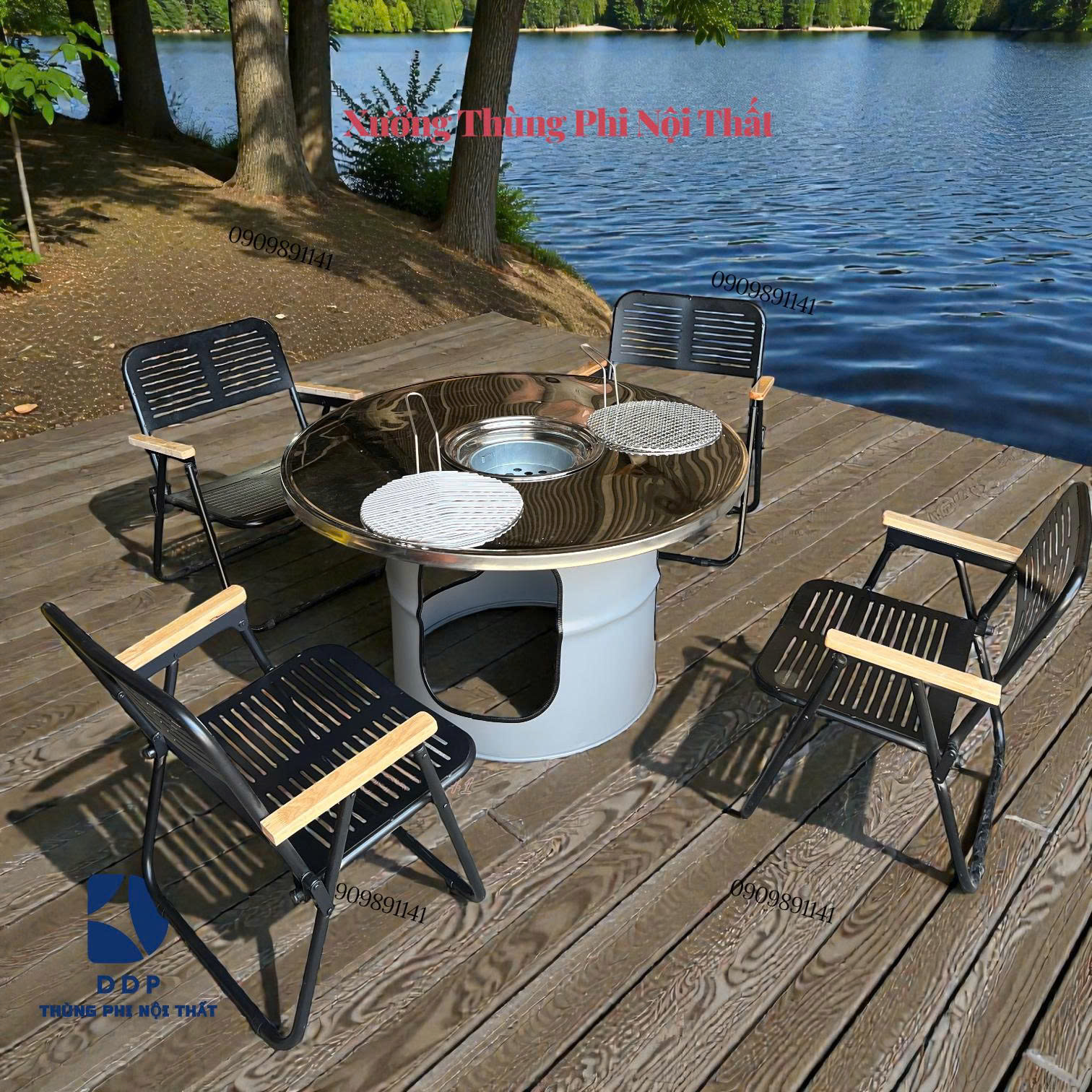 Bàn lẩu nướng thùng phi mặt inox
