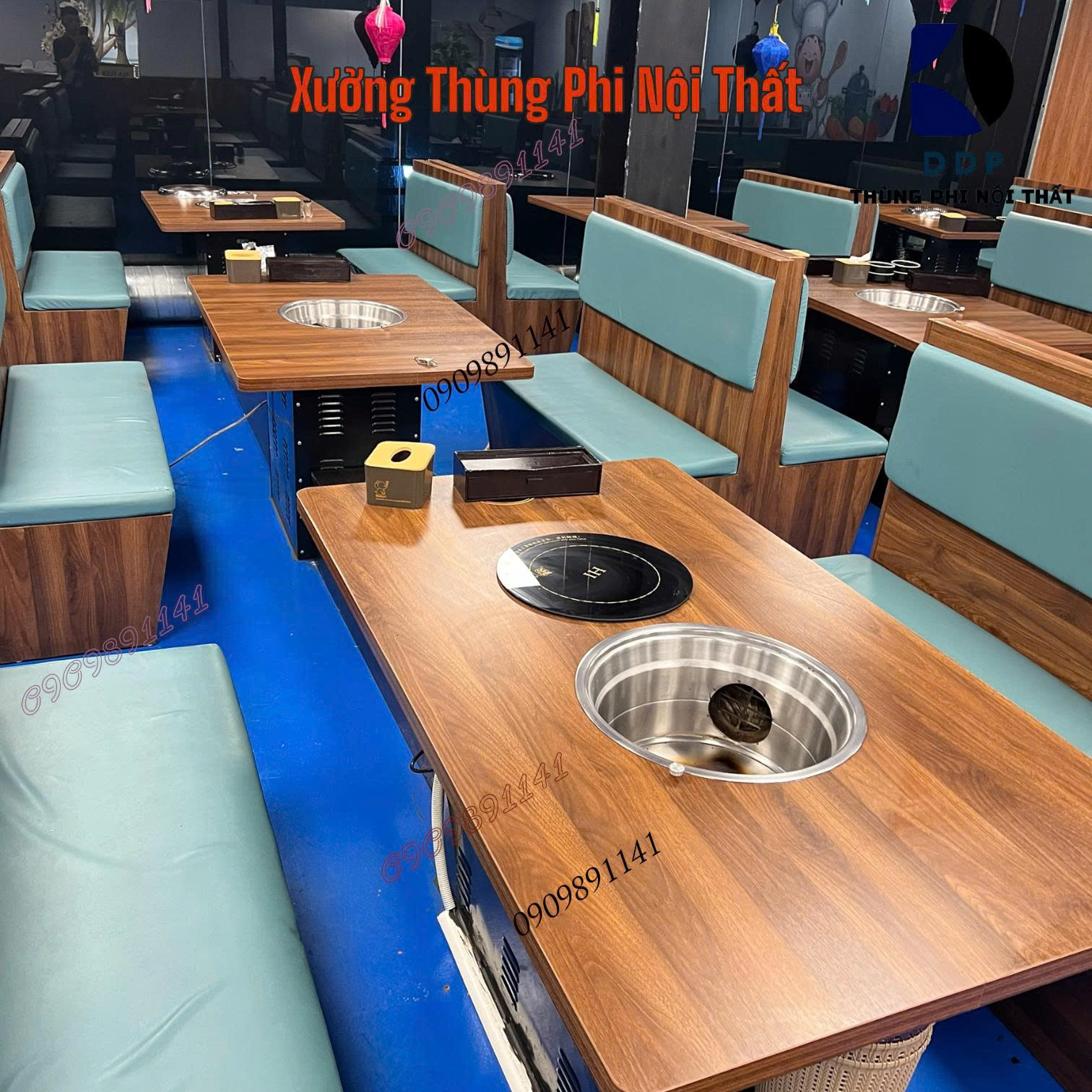 Bàn ăn lẩu nướng chân thùng phi mặt gỗ