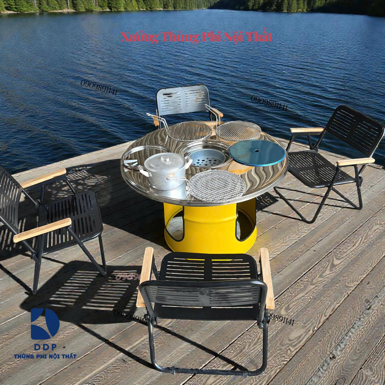 Bàn ăn lẩu nướng thùng phi mặt inox