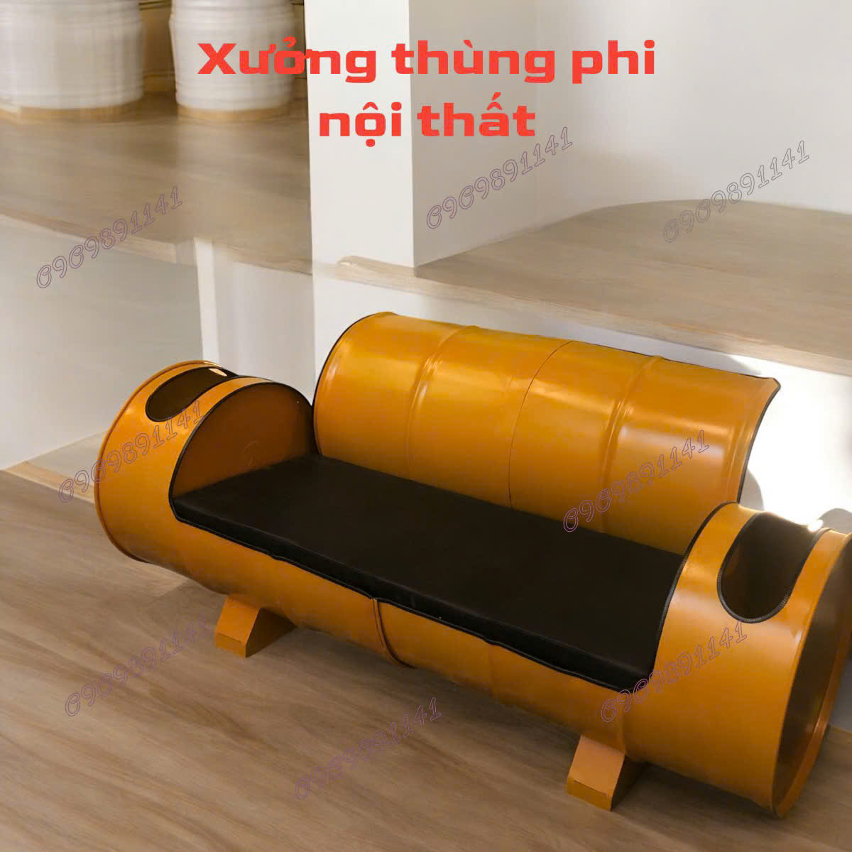 Bàn cafe bằng thùng phi dáng chữ nhật nằm ngang