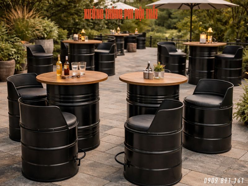 bàn ghế làm bằng thùng phi